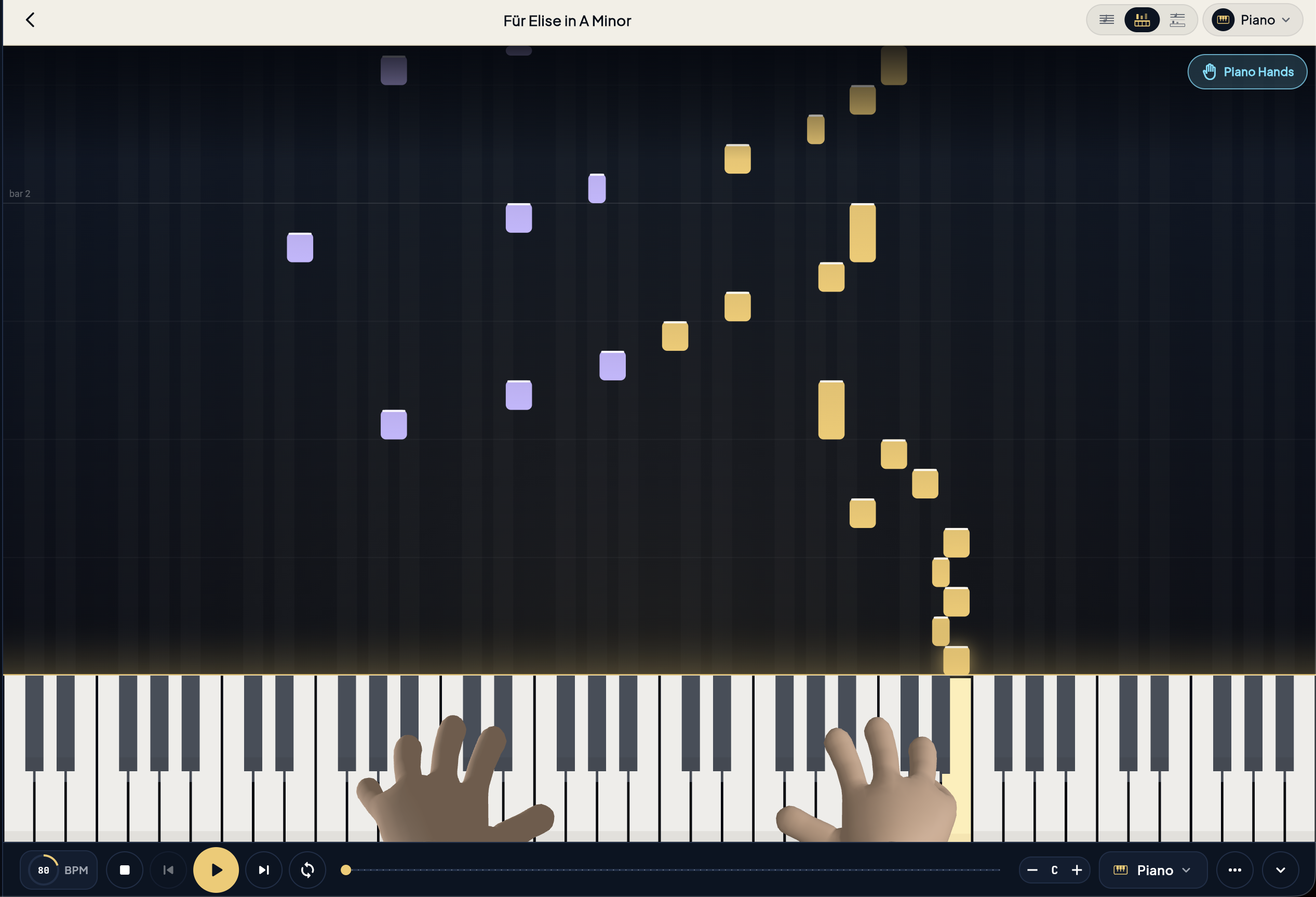 The falling note keybed in Piano Roll Mode.